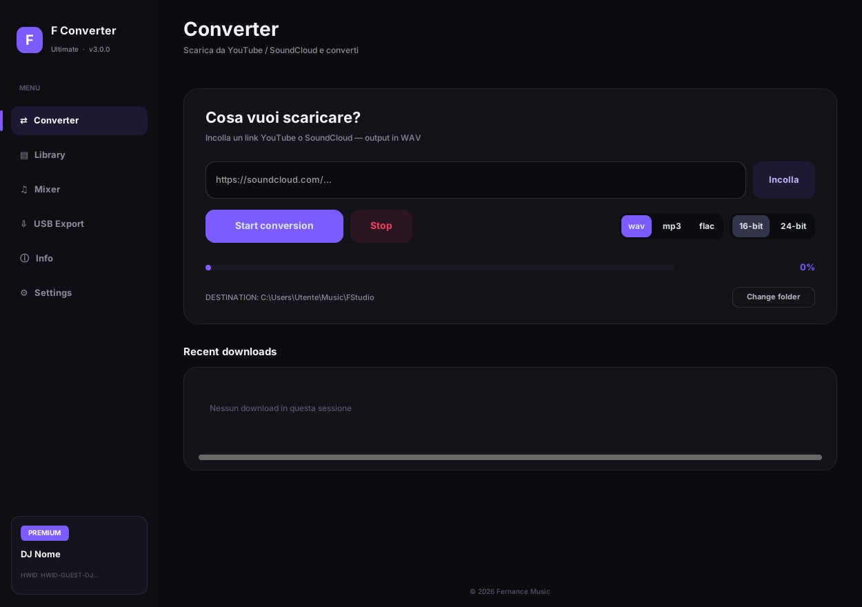 Schermata di F Converter: incolla il link, scegli formato e qualità